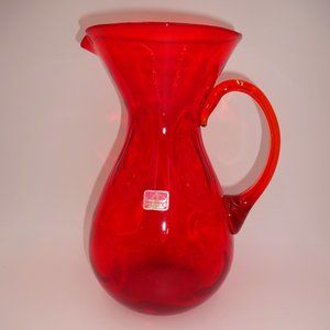 Vintage Viking Orange Red Hand Made Glass Pitcher 9" Teardrop Circles Handmade